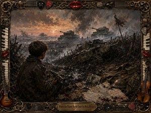 A solemn boy clutching a toy airplane gazes across a devastated wartime battlefield, where ruined armor, advancing tanks, barbed wire, letters, and a soldiers photograph emerge through smoke and mud. Muted browns, charcoal grays, and fiery sunset light create a mournful, cinematic oil-painted atmosphere, enclosed by an ornate musical frame.