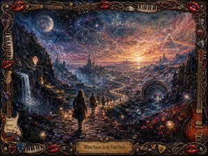 A lone traveler follows a glowing path through a vast surreal twilight valley, joined by distant figures beneath a cosmic sky of indigo, violet, amber, and rose. Waterfalls, rock arches, luminous orbs, musical ripples, and a prism motif deepen the dreamlike mood, framed by ornate instruments, piano keys, strings, picks, and glossy red lips.
