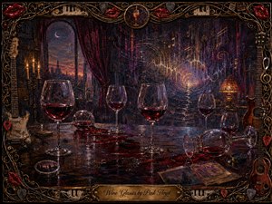 A richly textured oil painting depicts wine glasses scattered across a reflective, wine-stained table in a dreamlike twilight room. Deep burgundy, violet, blue, and gold tones create a melancholic glow, while candles, distant city lights, musical waveforms, and ornate instruments surround the scene within an intricate decorative frame.