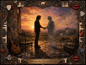 A lone man shakes hands with a fading, ghostlike figure in a nostalgic sunset landscape, surrounded by scattered photographs, a weathered guitar, chair, and suitcase. Golden-orange light, smoky violets, and long shadows create a wistful, dreamlike mood. Rich painterly textures and an ornate musical frame intensify the handcrafted, emotional atmosphere.