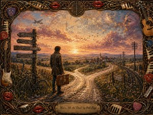 A solitary traveler stands at a rural crossroads beneath a glowing amber and rose sunset, holding a weathered suitcase beside a bicycle and symbolic signposts. Winding roads, railway tracks, distant village lights, ghostly clocks, and faces fill the horizon. Rich painterly textures, warm shadows, and an ornate music-themed frame create a wistful, surreal mood.