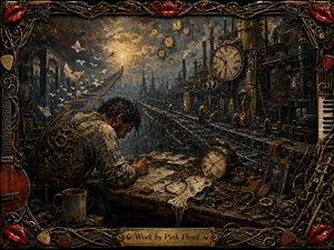 A weary worker bends over a cluttered clockmakers bench within a vast surreal industrial city of gears, scaffolds, conveyors, and looming timepieces. Smoky blues, tarnished brass, and warm amber light create a melancholy atmosphere, while floating papers, distant stairs, intricate textures, and the ornate musical frame reinforce themes of labor, repetition, and passing time.