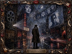 A solitary figure stands on a rain-soaked city street beneath ghostly film projections, drifting reels, and towering cinematic faces. Deep blues, charcoal grays, and crimson highlights create a tense, dreamlike mood, illuminated by projector beams, neon reflections, and wet pavement. An ornate musical frame adds intricate guitars, keys, strings, picks, and glossy red lips.