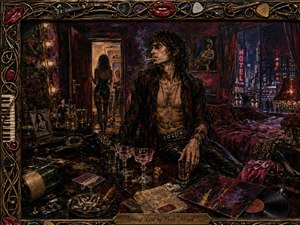 A brooding young rock musician sits amid a decadent hotel suite, surrounded by champagne, cigarettes, scattered passes, vinyl records, and departing women. Deep crimson, violet, black, and gold tones glow under neon city light and warm lamps. Thick painterly textures heighten the restless, sensual mood, framed by ornate musical motifs and glossy red lips.