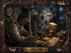 A weary man sits at a cluttered desk in a shadowy room, surrounded by fading photographs, letters, clocks, military memories, and ghostly figures disappearing into distant corridors. Smoky blues, sepia browns, and amber lamplight create a mournful atmosphere. Rich painterly textures and an ornate musical frame deepen the haunting sense of lost possibilities.