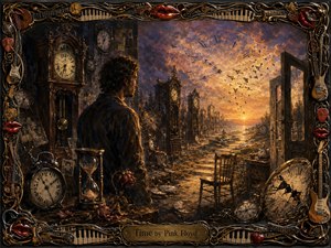 A solitary man stands among countless antique clocks, hourglasses, wilted roses, and broken timepieces, gazing toward a glowing sunset beyond an open doorway. Rich amber, bronze, violet, and shadowed brown tones create a melancholic dreamscape, framed by intricate guitars, piano keys, strings, picks, glossy red lips, and an engraved title plate.