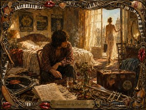 A brooding musician sits in a cluttered 1968 hotel room as a woman departs through a sunlit balcony doorway. Warm golds, creams, browns, and muted reds create a nostalgic, bittersweet mood. Rich oil-paint textures, smoky light, scattered sheet music, vinyl, flowers, luggage, and an ornate musical frame deepen the cinematic composition.