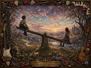 Two children balance on a weathered see-saw above a flower-filled valley at sunset, surrounded by drifting ribbons, feathers, toys, and reflective water. Warm gold, lavender, teal, and rose light create a nostalgic, dreamlike mood. Rich painterly textures and an ornate musical frame complete the whimsical scene.