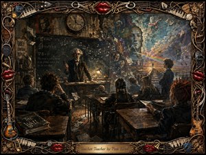 A stern teacher commands a shadowy, timeworn classroom while restless students face a vast dreamlike mural of freedom, music, and distant horizons. Burnished browns, smoky blues, and fiery accents glow beneath dramatic lamplight. Richly textured brushwork, flying papers, symbolic equations, and an ornate instrument-and-lips frame create a rebellious, theatrical mood.