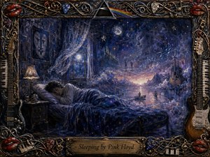 A sleeping figure rests beneath deep blue blankets as the bedroom dissolves into a moonlit cosmic dreamscape of water, mountains, stars, drifting faces, and musical notes. Rich indigo, violet, and silver tones create a mysterious, tranquil mood, framed by ornate guitars, piano keys, strings, picks, red lips, and an engraved brass title plate.