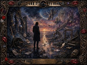 A solitary figure stands amid surreal twilight ruins, gazing toward a glowing horizon reflected across wet, broken ground. Deep indigo, violet, charcoal, and amber tones create a haunting, contemplative mood. Floating papers, stairways, instruments, clocks, and ghostly architecture enhance the dreamlike oil-painted scene, framed by ornate musical details and glossy red lips.