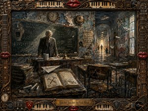 A weary teacher stands amid a decaying, dreamlike classroom filled with battered desks, open books, chalk equations, paper airplanes, and rebellious symbols. Cool blue-gray walls contrast with warm amber corridor light, creating a tense, melancholic mood. Rich painterly textures and an ornate musical frame of strings, keys, picks, instruments, and red lips heighten the surreal atmosphere.