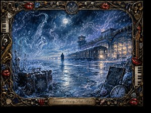 A solitary traveler stands on a frozen moonlit platform as a vintage train glows beside an icy terminal, surrounded by shimmering reflections and drifting musical forms. Deep blues, silvers, and violet shadows contrast with warm golden lights. An ornate instrument-filled frame, frosted suitcase, antique clock, and engraved plaque heighten the surreal, handcrafted atmosphere.