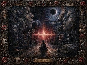 A solitary child sits on a dark wooden floor facing a glowing crimson heartbeat waveform, surrounded by ghostly faces, anguished figures, an iron bed, scattered objects, and a distant eclipse. Deep blues, blacks, silver grays, and red highlights create a haunting cosmic mood, rendered in richly textured, expressionist oil paint within an ornate musical frame.
