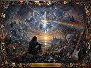 A solitary figure sits amid wildflowers and ruins, gazing toward a radiant diamond suspended above a golden horizon. Surreal faces, clocks, planets, shattered masks, guitars, and rainbow light fill the deep blue sky. Dramatic illumination, intricate textures, and an ornate musical frame create a nostalgic, dreamlike tribute to memory, loss, and brilliance.