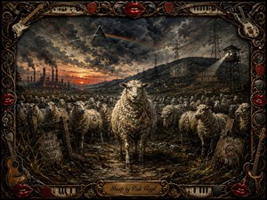 A defiant white sheep stands before a restless flock in a bleak industrial valley beneath storm clouds, power lines, watchtowers, and a glowing sunset. Gritty grays, muddy browns, and amber-red highlights create an ominous mood. Rich, textured brushwork and an ornate musical frame intensify the dystopian symbolism.