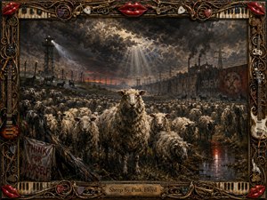 A vast flock of sheep advances through a muddy, industrial wasteland beneath turbulent storm clouds and piercing shafts of light. Dominant grays, browns, dirty whites, and red accents create an ominous mood. Richly textured oil-paint detail, watchtowers, factories, propaganda symbols, reflective water, and an ornate musical frame intensify the rebellious atmosphere.