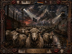 A grim flock of mud-streaked sheep advances through a flooded industrial enclosure beneath barbed fences, searchlights, smokestacks, and a looming authoritarian figure in storm clouds. Rust, charcoal, dirty cream, and blood-red accents heighten the rebellious mood. Heavy impasto textures, wet reflections, graffiti, and an ornate musical frame create haunting depth.