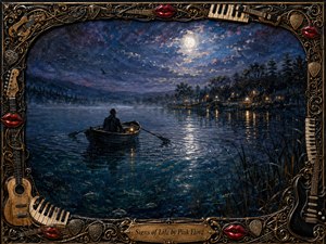 A lone figure rows a small boat across a moonlit lake toward a quiet shoreline village, creating a serene, reflective mood. Deep blues, violets, and warm golden lights shimmer across the water, where fish glow beneath the surface. The richly textured painted scene is enclosed by an ornate musical frame of instruments, keys, strings, and red lips.