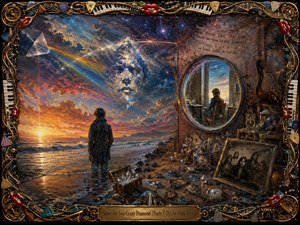 A solitary figure stands in shallow surf beneath a fiery cosmic sky, facing a radiant sunset and a fractured diamond-shaped face. Rich blues, golds, reds, and violet light create a dreamlike, melancholic mood. Crystals, photographs, instruments, and memories fill the shore, enclosed by an intricate musical frame.