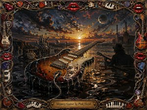 A melting sunburst guitar stretches across a reflective shoreline beneath a fiery, storm-darkened sunset. Floating planets, a submerged clock, stone hands, distant factories, and a shadowed guitarist create a surreal, brooding mood. Rich amber, black, and crimson tones glow within an ornate musical frame crowned by red lips and an engraved title plate.