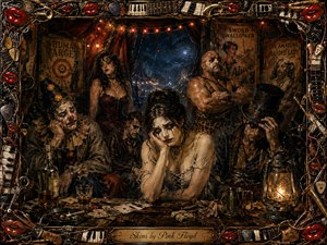 A weary carnival troupe gathers around a battered wooden table beneath dim amber lanterns, their smeared makeup, torn costumes, and exhausted poses creating a mood of haunted resignation. Deep browns, black, crimson, and smoky blue dominate the richly textured painting, framed by tangled instruments, piano keys, guitar picks, strings, and glossy red lips.