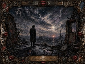 A solitary figure stands on a shattered, rain-darkened road overlooking a ruined industrial city beneath a turbulent sky filled with ghostly faces. Charcoal blacks, steel blues, muted violets, and ember light create a mournful atmosphere. An intricate musical frame of strings, keys, instruments, picks, and red lips surrounds the painterly scene.
