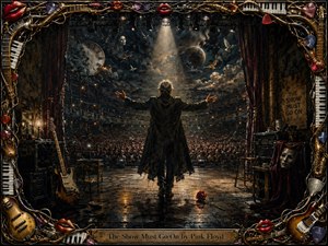 An aging performer stands beneath a golden spotlight on a worn theater stage, arms outstretched toward a vast audience. Storm clouds, a fractured clock, masks, birds, and a dark moon intensify the solemn mood. Rich blacks, bronze, crimson, and smoky blue define the dramatic handcrafted painting and ornate musical frame.