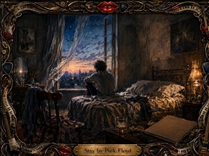 A solitary figure sits on an unmade bed, gazing through billowing curtains toward a glowing city at dawn. Cool blues and violet shadows contrast with warm amber lamplight, creating a quiet, wistful mood. Rich oil-paint textures, a whiskey glass, worn furnishings, and an ornate musical frame deepen the intimate atmosphere.
