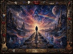A solitary figure walks along a fractured stone causeway toward a radiant cosmic horizon, surrounded by reflective water, glowing prisms, musical light trails, distant ruins, and celestial bodies. Deep blues, violets, amber, and crimson create a contemplative psychedelic mood, framed by ornate instruments, piano keys, guitar strings, picks, and glossy red lips.