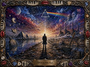 A solitary figure stands on a shattered causeway beneath a turbulent cosmic sky, facing a radiant horizon. Deep blues, violets, crimson, and gold surround floating clocks, pyramids, industrial towers, spectral faces, and a rainbow prism. Thick painterly textures and dramatic backlighting create a reflective, surreal mood within an ornate musical frame.