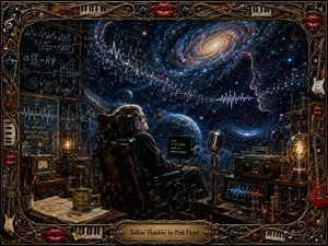 A contemplative scientist in a wheelchair gazes into a vast cosmic observatory where galaxies, equations, sound waves, and musical notes merge across deep blue space. Warm amber instruments and glowing lamps contrast with violet starlight, creating a mysterious, transcendent mood. An ornate musical frame surrounds the richly textured, painterly scene.