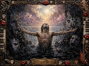 A bare-chested figure rises triumphantly from dark, turbulent water beneath a radiant break in storm clouds, surrounded by shattered masks and crumbling stone faces. Deep blacks, grays, and blues contrast with warm gold and rose light. Thick, textured brushwork and an ornate musical frame create a dramatic, surreal, cathartic atmosphere.