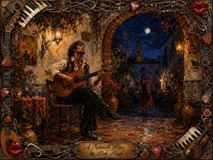 A passionate guitarist sits beneath a lantern in a moonlit Spanish courtyard, playing beside a tiled wall and wine-draped table while a flamenco dancer moves in the distance. Warm amber light contrasts with deep cobalt night, and thick, textured brushwork enriches the scene, all enclosed by an ornate musical frame of strings, picks, keys, instruments, and red lips.