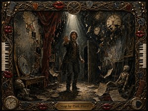 A distressed man stands frozen beneath a narrow spotlight in a ruined theatrical room, surrounded by shattered clocks, drifting sheet music, broken puppets, and crumbling walls. Deep browns, blacks, tarnished gold, and crimson create a tense, haunted mood. Rich painterly textures and an ornate musical frame heighten the dramatic surrealism.