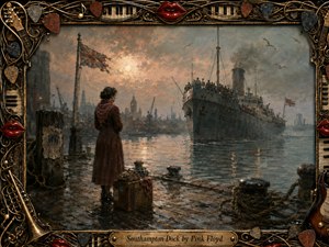 A solitary woman stands beside her suitcase on a rain-darkened Southampton dock, watching a crowded steamship depart through misty harbor light. Muted browns, blue-grays, and faded gold create a mournful wartime atmosphere. Painterly textures, shimmering reflections, cranes, gulls, and an ornate musical frame deepen the sense of farewell and memory.