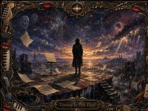 A solitary figure stands on a weathered platform beneath a vast cosmic twilight, surrounded by drifting sheet music, spectral instruments, ruined speakers, and distant towers. Deep indigo, violet, gold, and crimson tones glow under dramatic horizon light. An ornate musical frame of strings, keys, picks, instruments, and red lips completes the surreal painting.