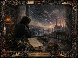 A solitary man sits at a worn table beside a dark window, surrounded by an old telephone, unsent letter, fading photographs, whiskey glass, and wilted rose. Cool blue-gray twilight contrasts with warm amber lamplight, while drifting papers, ghostly words, distant chimneys, and an ornate musical frame deepen the melancholy, surreal painted atmosphere.