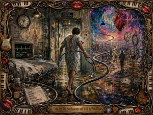 A barefoot patient leaves a decaying hospital ward, carrying a stethoscope that winds toward a surreal psychedelic landscape. Distorted clocks, medical charts, pills, masks, and a floating heart create an urgent, dreamlike mood. Rich blues, violets, crimson, and amber glow beneath dramatic lighting, framed by ornate musical instruments and glossy red lips.