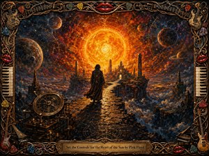 A solitary cloaked traveler crosses an ancient stone bridge toward a blazing cosmic sun, surrounded by planets, misty chasms, temples, and celestial diagrams. Fiery gold, crimson, indigo, and black create a hypnotic, mystical mood, while dramatic backlighting and richly textured fantasy painting enhance the ornate musical frame and engraved title plate.