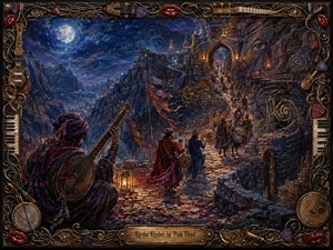 A moonlit caravan of musicians winds through a rugged mountain pass toward a glowing stone gateway, creating a mysterious, adventurous atmosphere. Deep indigo, violet, crimson, and warm gold dominate the richly textured painted scene, illuminated by lanterns and moonlight. An ornate musical frame of strings, keys, instruments, picks, and glossy red lips surrounds the composition.