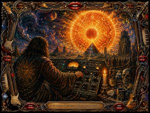 A robed figure operates a glowing analog console before a colossal fiery sun suspended over a surreal desert of pyramids and silent pilgrims. Deep blues, molten oranges, candlelight, and cosmic shadows create a mystical, ominous mood. Intricate painterly textures and a lavish musical frame intensify the psychedelic spectacle.