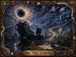 Stephen Hawking sits beneath a swirling cosmic sky, surrounded by telescopes, equations, clocks, planets, and scientific instruments. Deep blues, golds, and silvers create a contemplative, mysterious mood, while luminous galaxies and musical notation unite science and sound. An ornate instrument-filled frame and engraved title plate complete the richly painted composition.