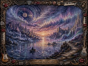 A lone figure drifts across rippling water toward a glowing horizon in a surreal musical landscape. Indigo cliffs, violet skies, luminous sound waves, and spiraling vinyl-like clouds create a dreamlike, melancholic mood. Rich impasto textures, reflective light, and an ornate instrument-filled frame give the scene handcrafted depth and mystical grandeur.