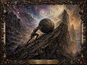 A solitary, muscular figure strains to push a colossal boulder up a jagged mountain beneath a turbulent cosmic sky. Dark purples, charcoal blacks, and molten golds create an ominous, dreamlike mood, while luminous pathways suggest transcendence. Thick impasto textures and an ornate musical frame intensify the mythic, cyclical drama.