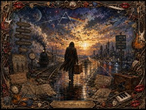 A solitary traveler in a long coat strides along a rain-glossed road between railway tracks and a glowing city, beneath a vast sky of gold, indigo, and cosmic light. Steam trains, signposts, clocks, planes, scattered maps, and a richly ornate musical frame create a haunting, cinematic, hand-painted vision of restless journeying.