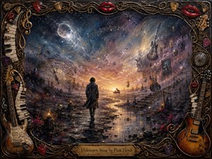 A solitary figure walks through a reflective, dreamlike wasteland toward a glowing horizon beneath a cosmic sky filled with stars, musical notes, clocks, guitars, and a ghostly face. Deep blues, purples, golds, and crimson create a mysterious mood, framed by ornate instruments, piano keys, strings, picks, and glossy red lips.