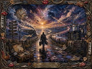 A lone traveler carrying a suitcase walks along a rain-slicked road toward a glowing horizon and distant city, surrounded by trains, clocks, signposts, drifting maps, aircraft, and cosmic skies. Deep blues, violets, amber light, and reflective highlights create a mysterious, dreamlike mood, framed by intricate musical motifs and glossy red lips.