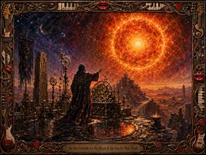 A robed mystic commands intricate brass instruments from an ancient observatory beneath a colossal blazing sun. Fiery oranges, copper, and gold contrast with deep indigo space, creating a hypnotic ceremonial mood. Rich painterly textures, distant ruins, reflective stone, celestial symbols, and an ornate music-themed frame complete the dramatic scene.