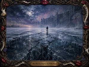 A lone figure crosses a vast field of fractured ice beneath a stormy moonlit sky, approaching a looming ruined wall. Cold blue, silver, and violet tones create a haunting, fragile mood. Ghostly childhood objects shimmer beneath the ice, while an ornate musical frame of guitars, keys, strings, picks, and red lips surrounds the textured painting.